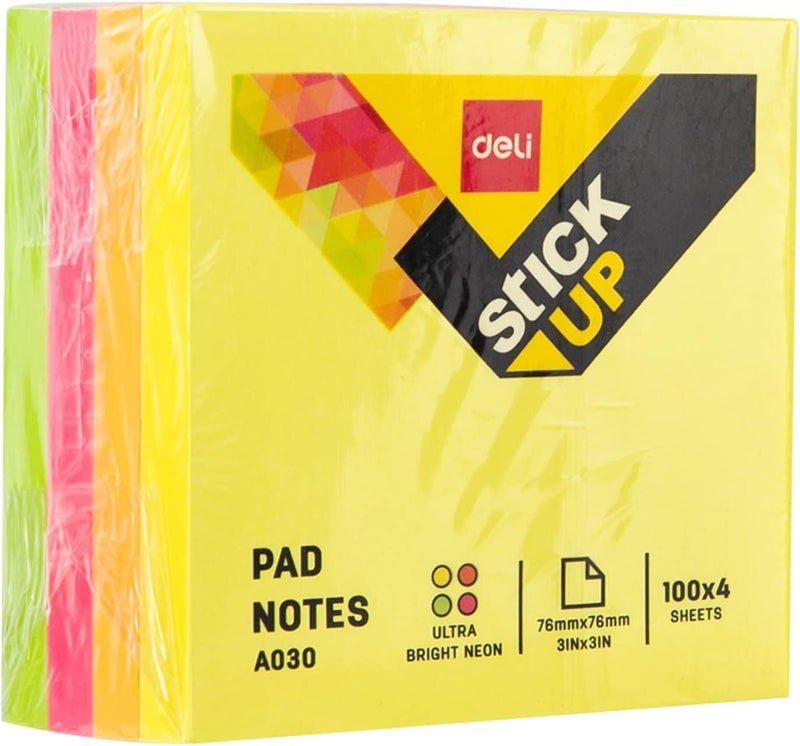 Deli Strong Bright Colour Sticky Notes, Reminders, One Word Notes, Highlighting and Color Coding, Page Marker, Detachable & Repositionable 4 Neon Colour Notepad 400 Sheets (4 Colors)- Pack Of 02 - Image 2